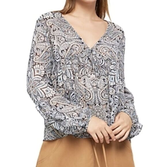 BCBGeneration Women's Sheer Blue Paisley Babydoll Top Long Ruffle Sleeve Blouse - Picture 2 of 13